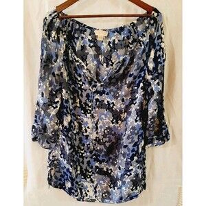 Michael Kors Womens Med. 100% Silk Blue Camo Tie Split Boatneck  Blouson Sleeves